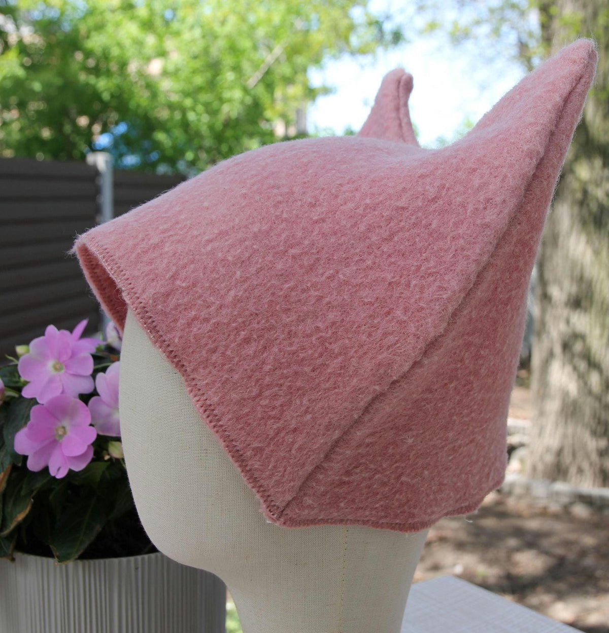 Pink Wool Cat Ears Sauna Hat, Banya Steam Room Protection Cap