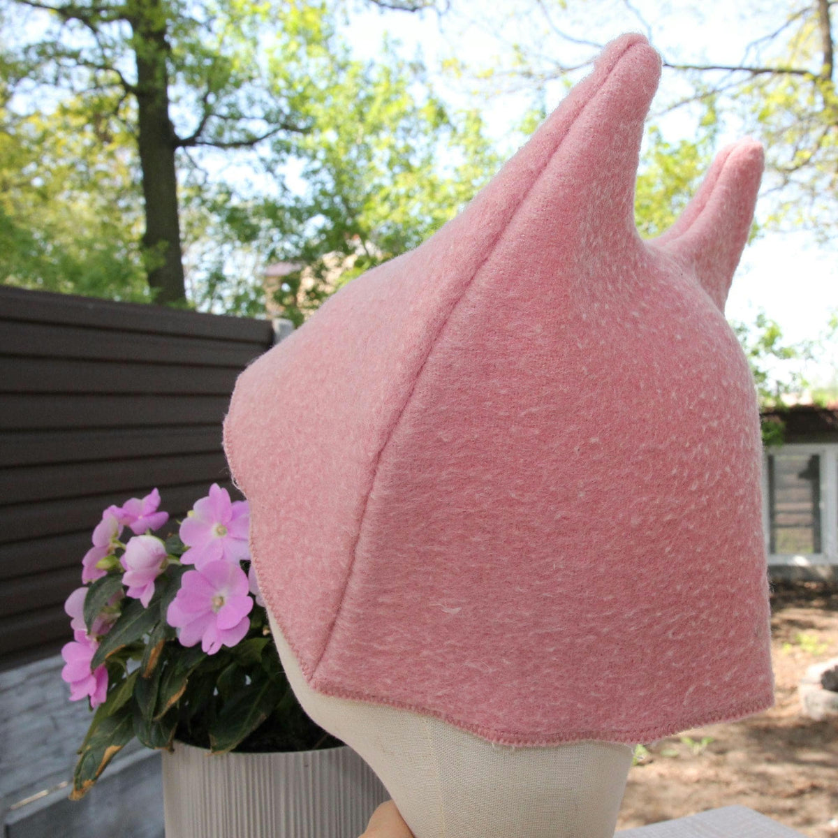 Pink Wool Cat Ears Sauna Hat, Banya Steam Room Protection Cap