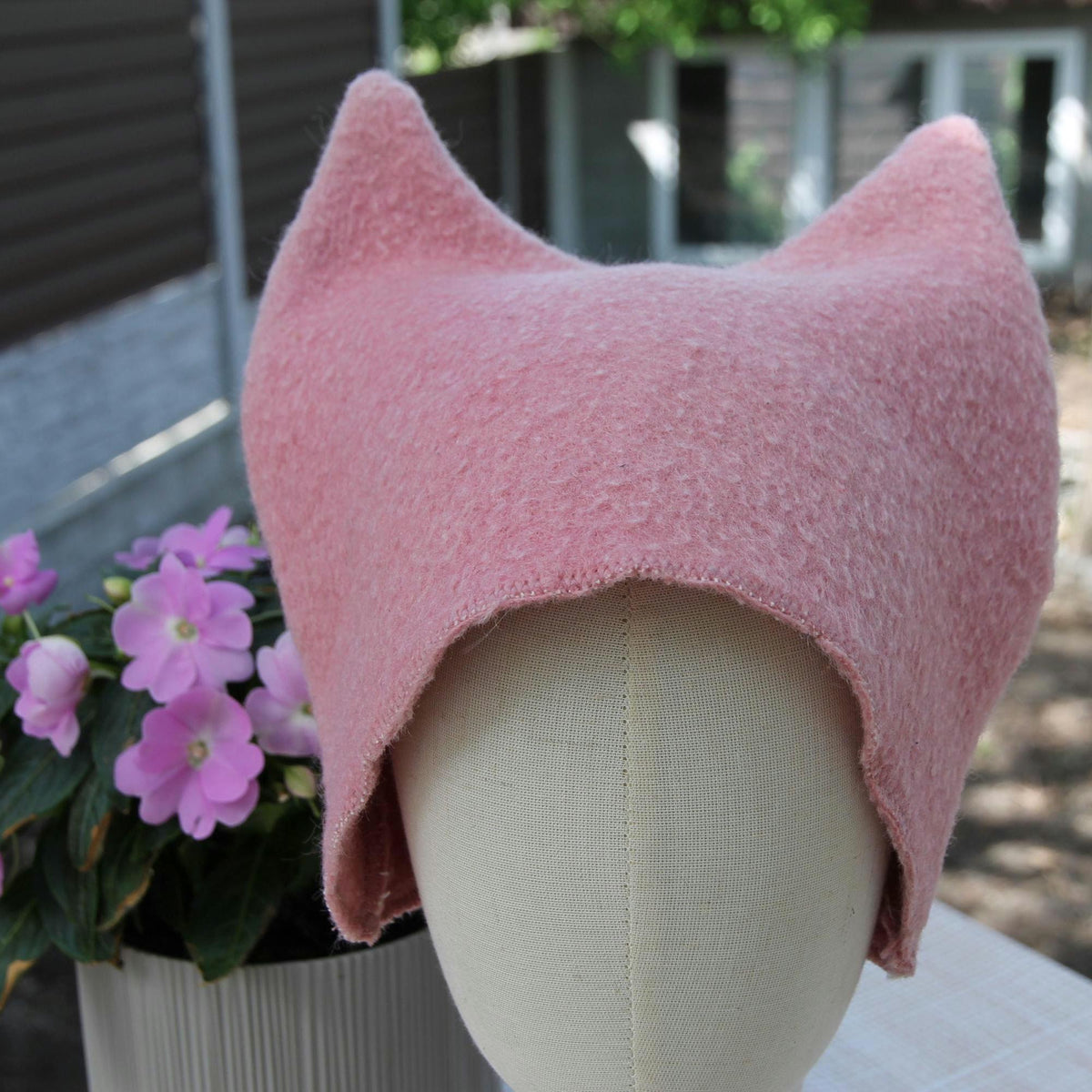 Pink Wool Cat Ears Sauna Hat, Banya Steam Room Protection Cap