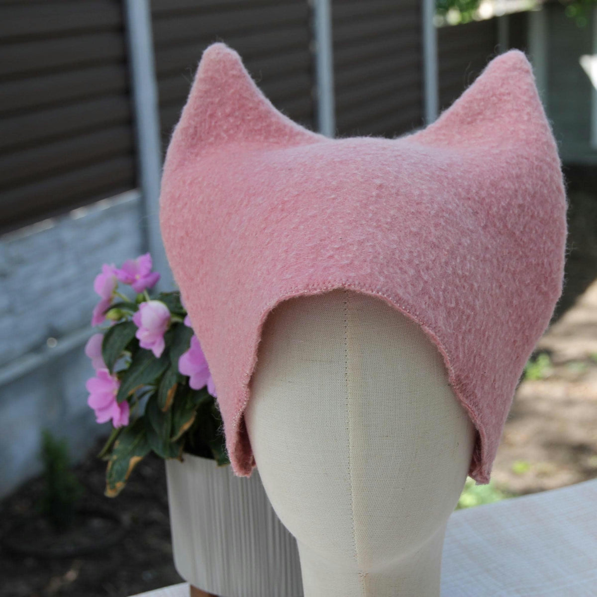 Pink Wool Cat Ears Sauna Hat, Banya Steam Room Protection Cap