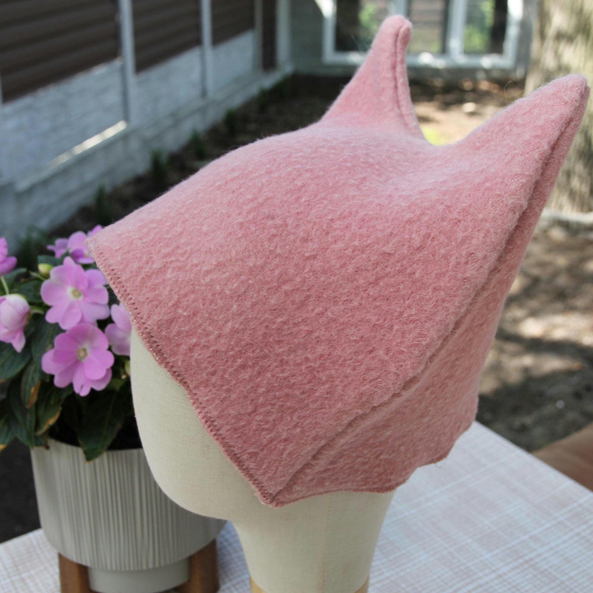 Pink Wool Cat Ears Sauna Hat, Banya Steam Room Protection Cap