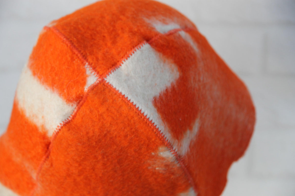 Reversible Upcycled Wool Sauna Hat, Orange Geometric Banya Cap, Eco-Friendly Felted Bucket Hat