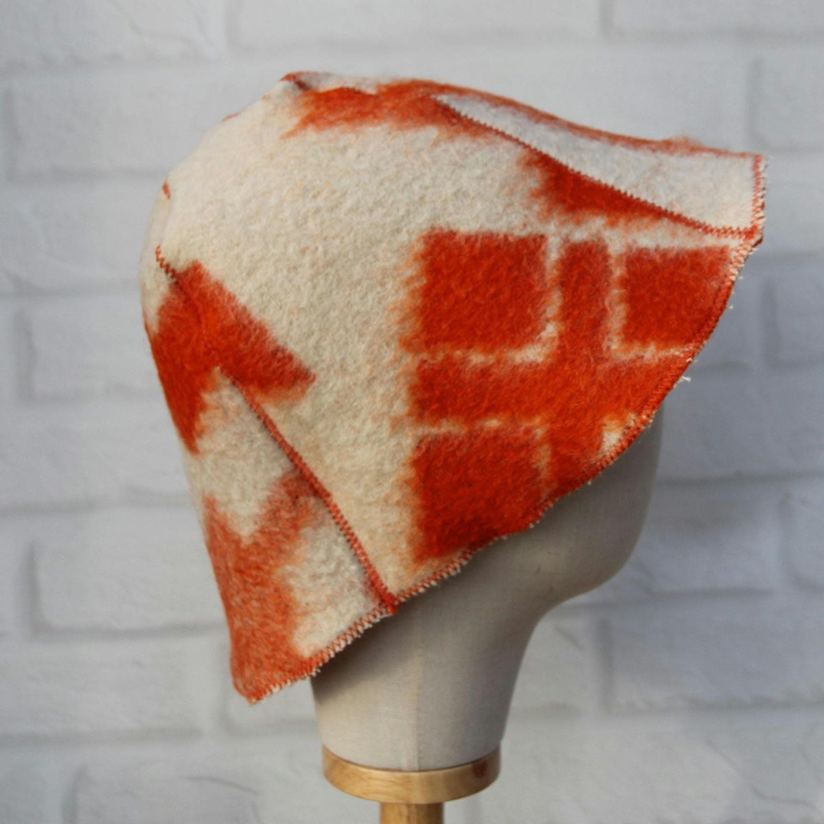 Reversible Upcycled Wool Sauna Hat, Orange Geometric Banya Cap, Eco-Friendly Felted Bucket Hat