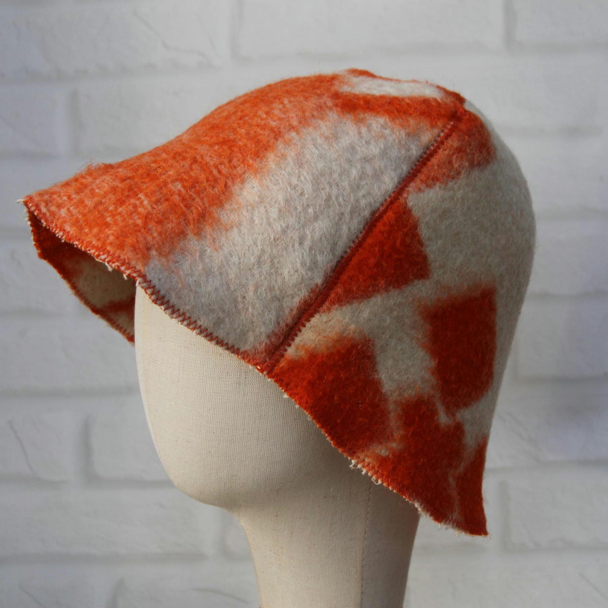 Reversible Upcycled Wool Sauna Hat, Orange Geometric Banya Cap, Eco-Friendly Felted Bucket Hat