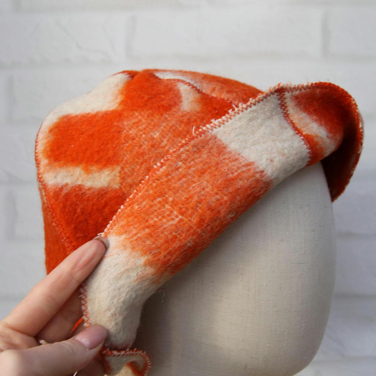 Reversible Upcycled Wool Sauna Hat, Orange Geometric Banya Cap, Eco-Friendly Felted Bucket Hat