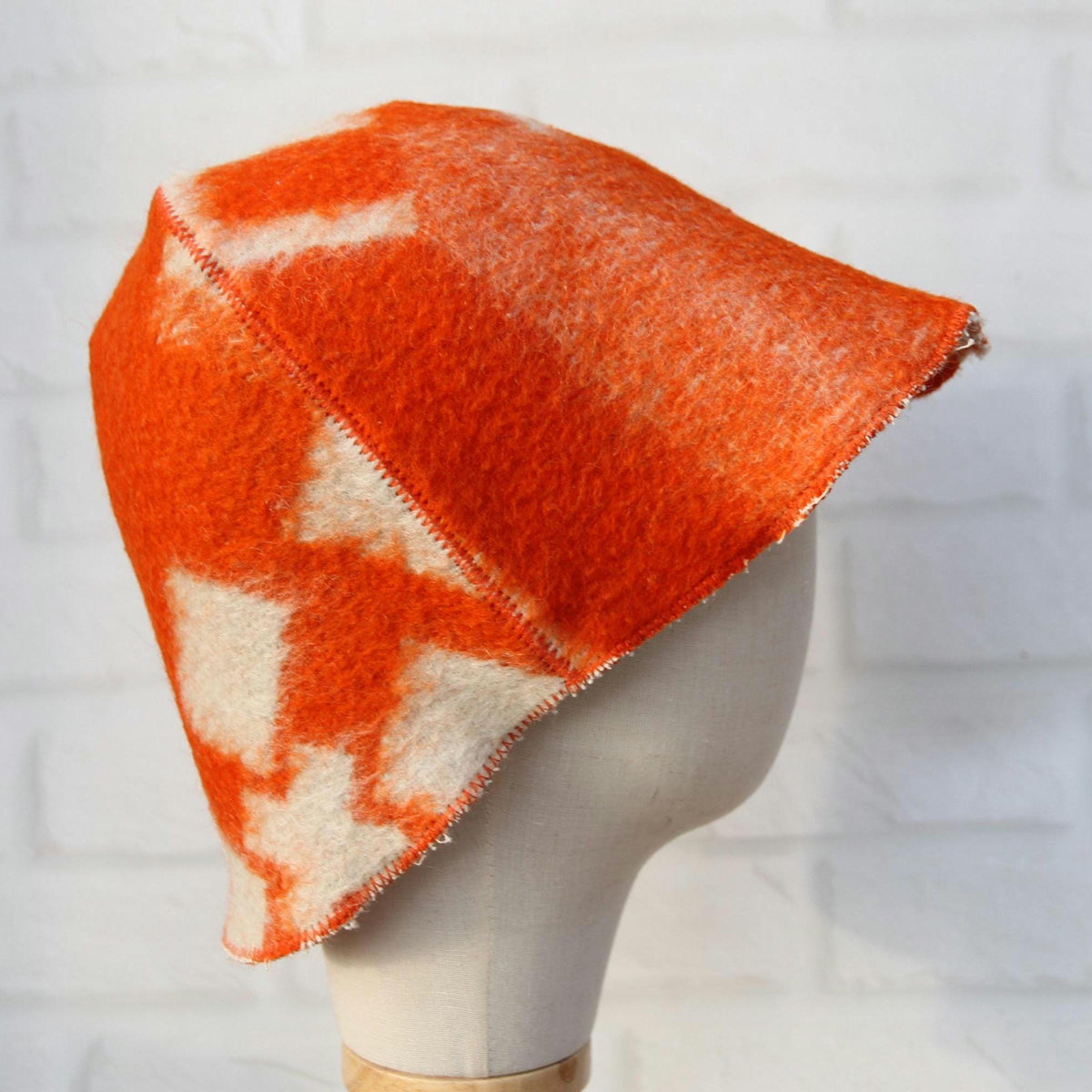 Reversible Upcycled Wool Sauna Hat, Orange Geometric Banya Cap, Eco-Friendly Felted Bucket Hat