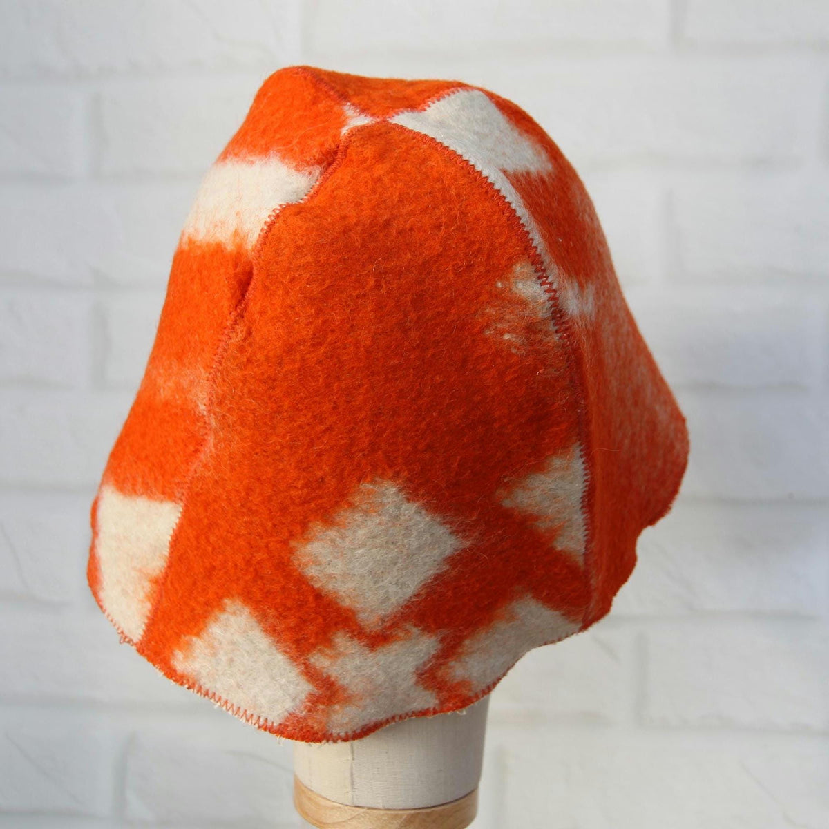 Reversible Upcycled Wool Sauna Hat, Orange Geometric Banya Cap, Eco-Friendly Felted Bucket Hat