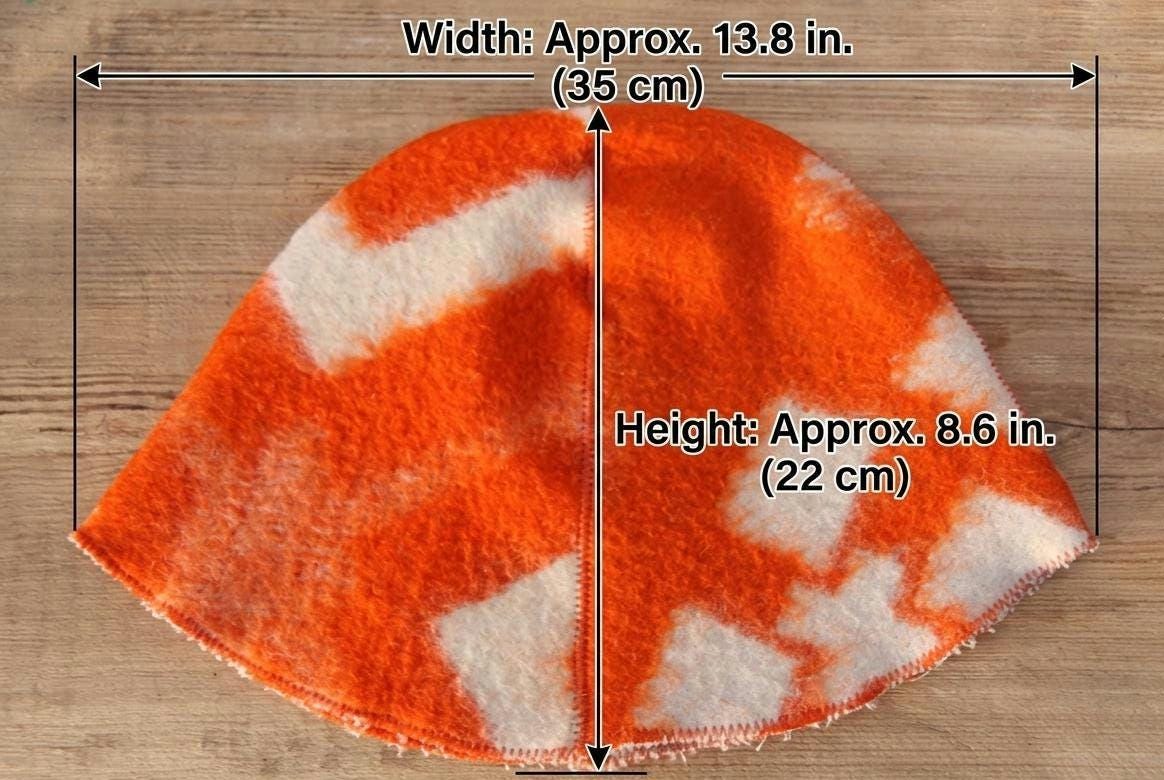 Reversible Upcycled Wool Sauna Hat, Orange Geometric Banya Cap, Eco-Friendly Felted Bucket Hat
