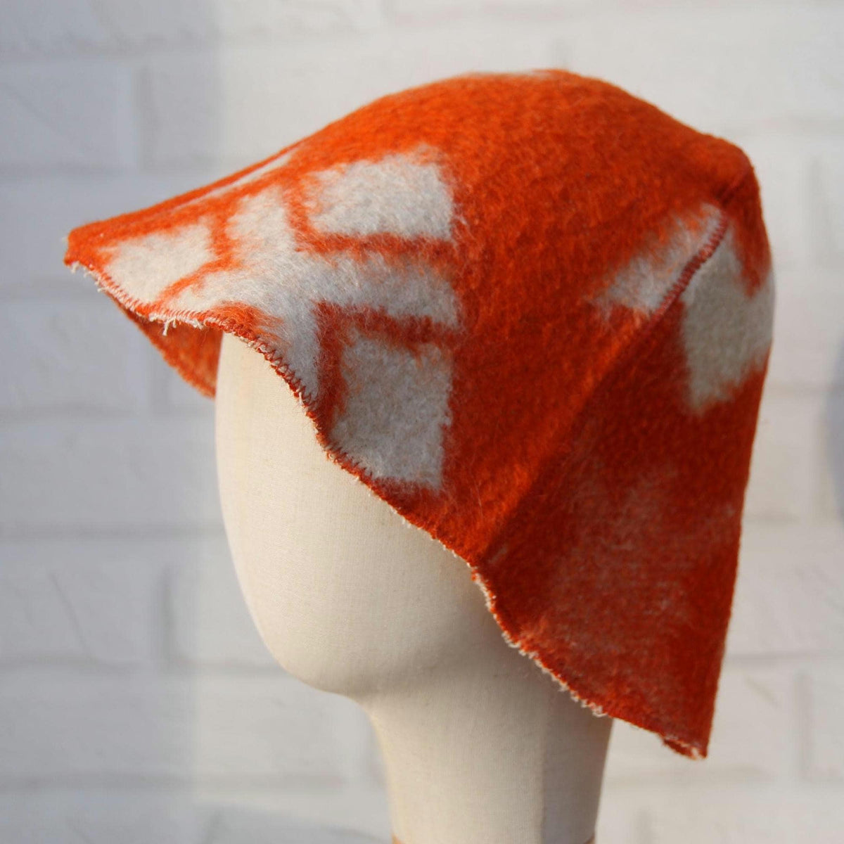 Reversible Upcycled Wool Sauna Hat, Orange Geometric Banya Cap, Eco-Friendly Felted Bucket Hat