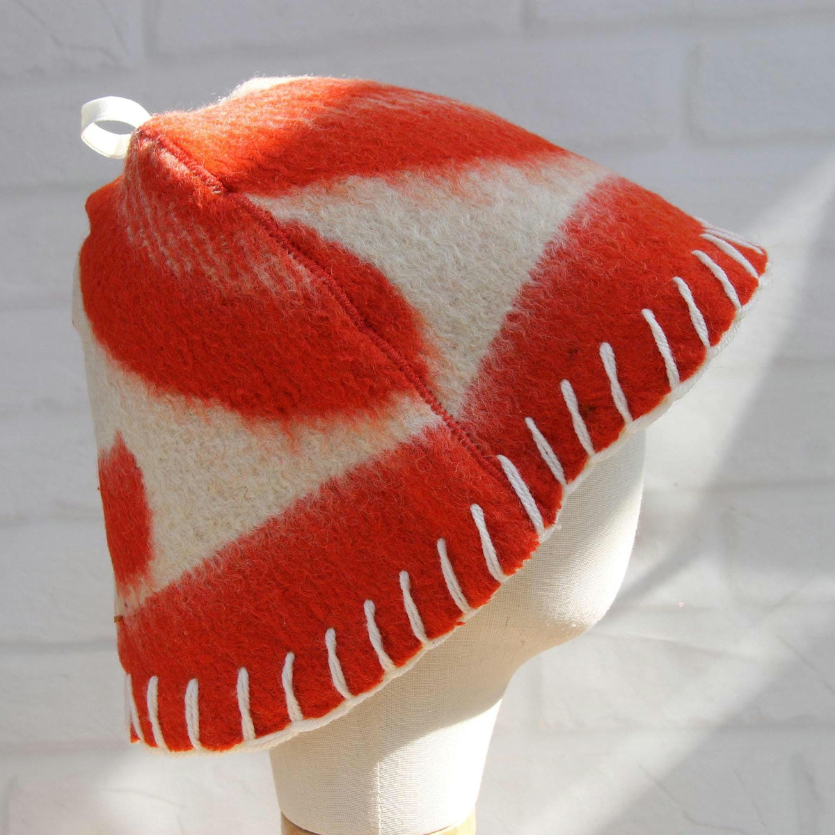 Upcycled Wool Sauna Hat, Orange Cream Geometric Banya Cap, Eco Friendly Spa Hat
