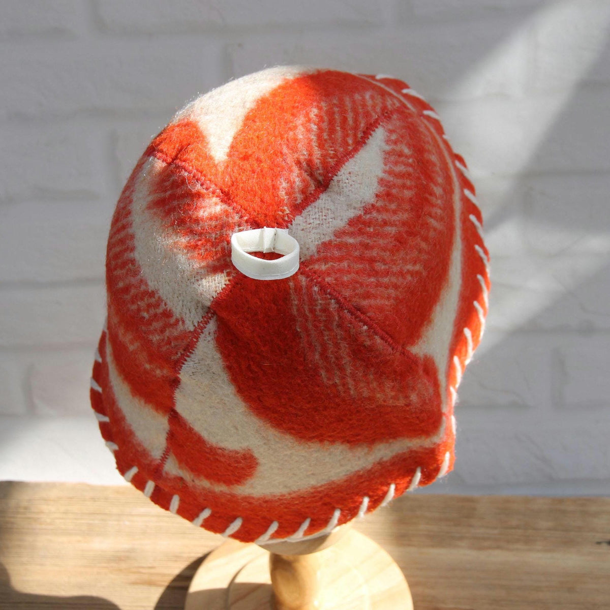 Upcycled Wool Sauna Hat, Orange Cream Geometric Banya Cap, Eco Friendly Spa Hat
