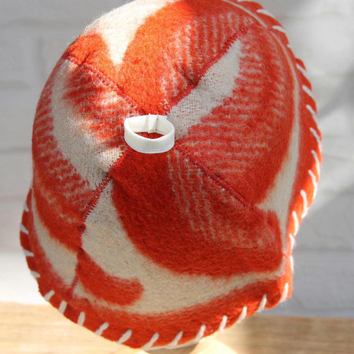 Upcycled Wool Sauna Hat, Orange Cream Geometric Banya Cap, Eco Friendly Spa Hat