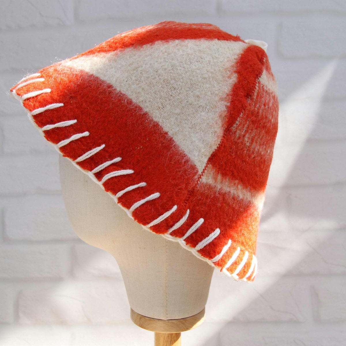 Upcycled Wool Sauna Hat, Orange Cream Geometric Banya Cap, Eco Friendly Spa Hat