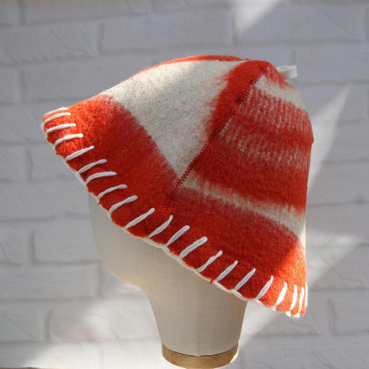 Upcycled Wool Sauna Hat, Orange Cream Geometric Banya Cap, Eco Friendly Spa Hat