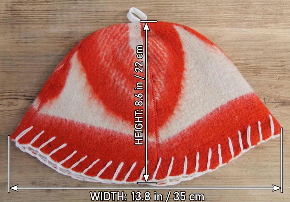 Upcycled Wool Sauna Hat, Orange Cream Geometric Banya Cap, Eco Friendly Spa Hat