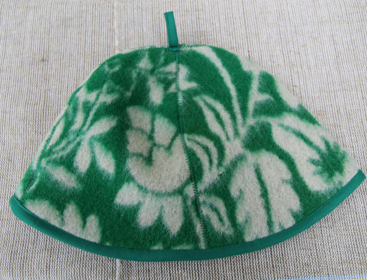 Upcycled Wool Sauna Hat, Green Floral Banya Cap, Eco-Friendly Head Protection
