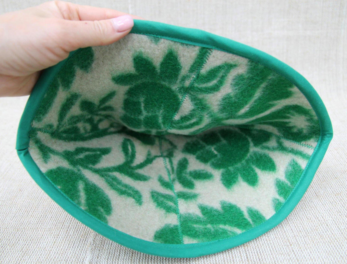 Upcycled Wool Sauna Hat, Green Floral Banya Cap, Eco-Friendly Head Protection