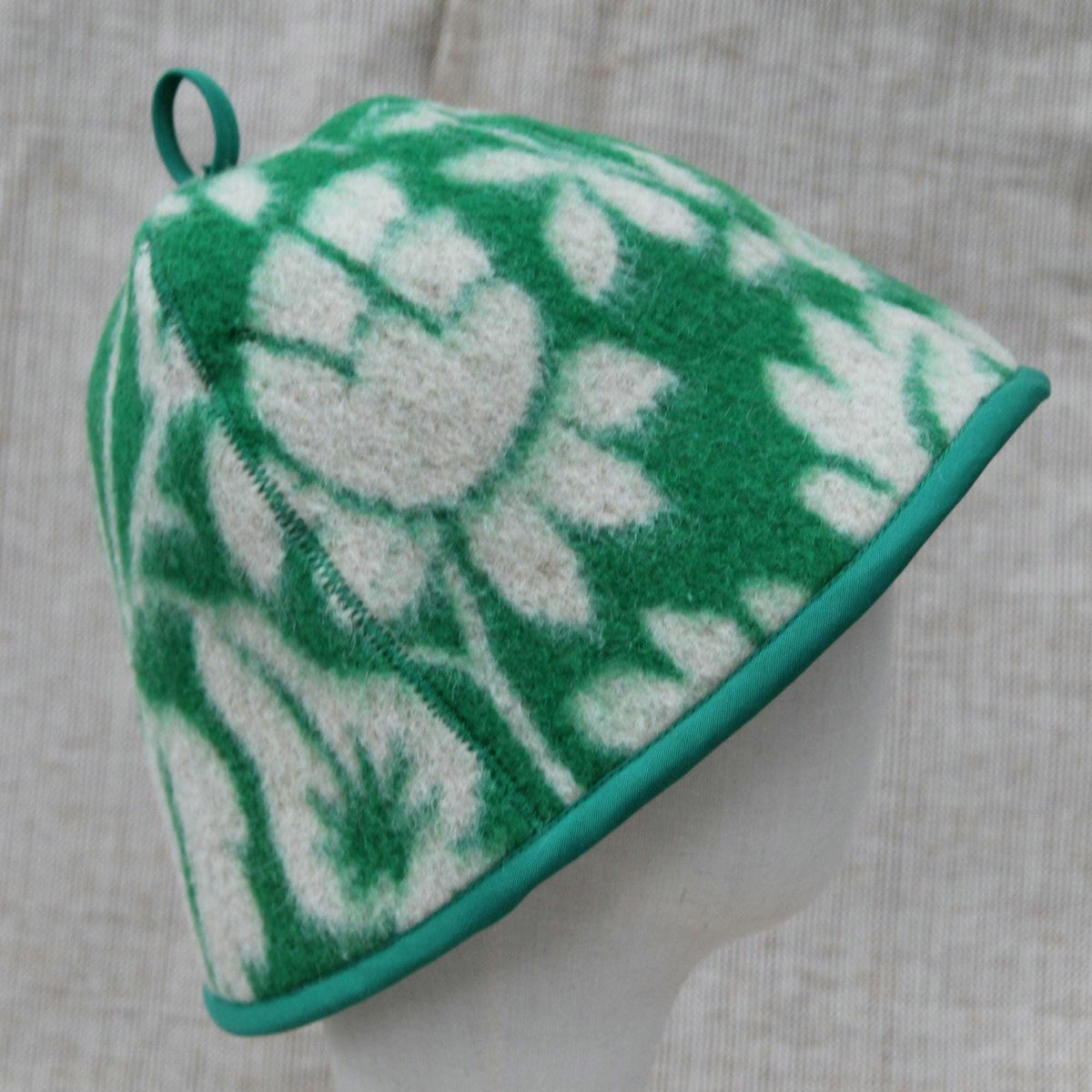 Upcycled Wool Sauna Hat, Green Floral Banya Cap, Eco-Friendly Head Protection