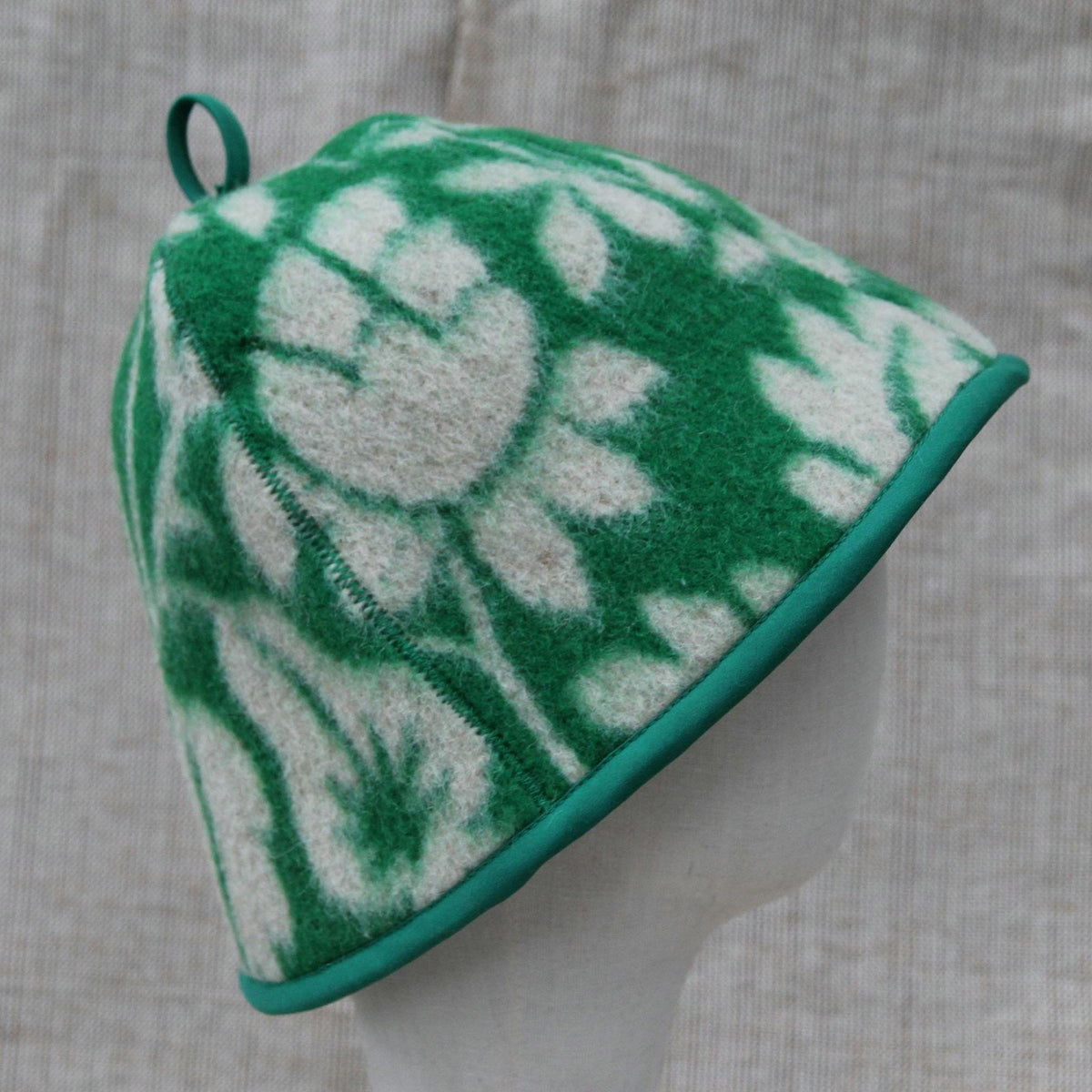 Upcycled Wool Sauna Hat, Green Floral Banya Cap, Eco-Friendly Head Protection