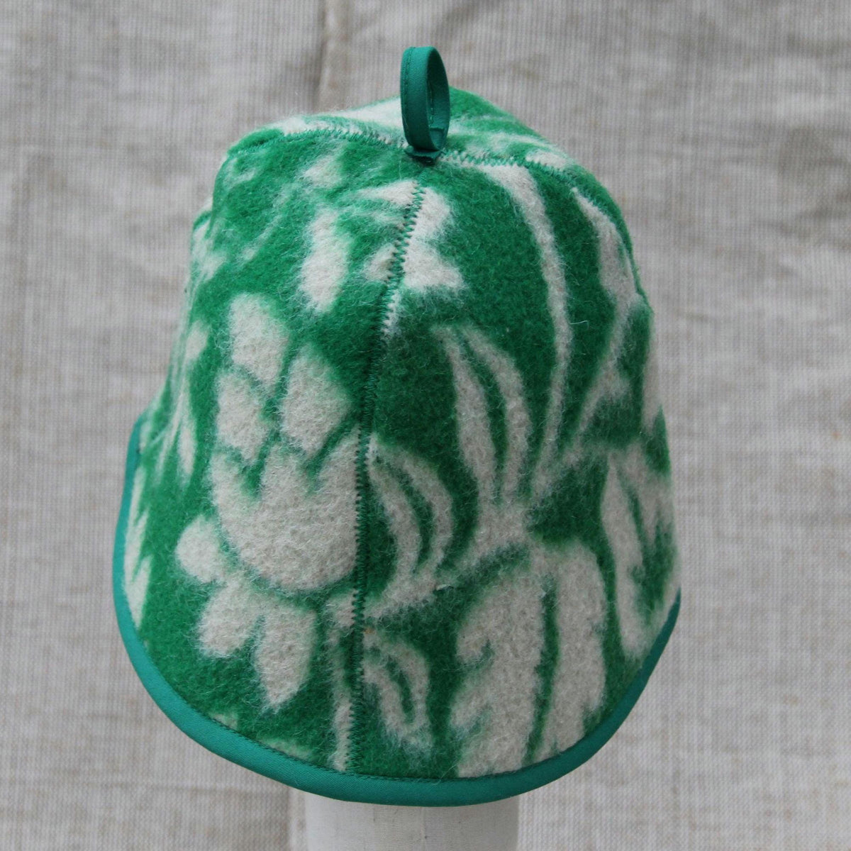 Upcycled Wool Sauna Hat, Green Floral Banya Cap, Eco-Friendly Head Protection