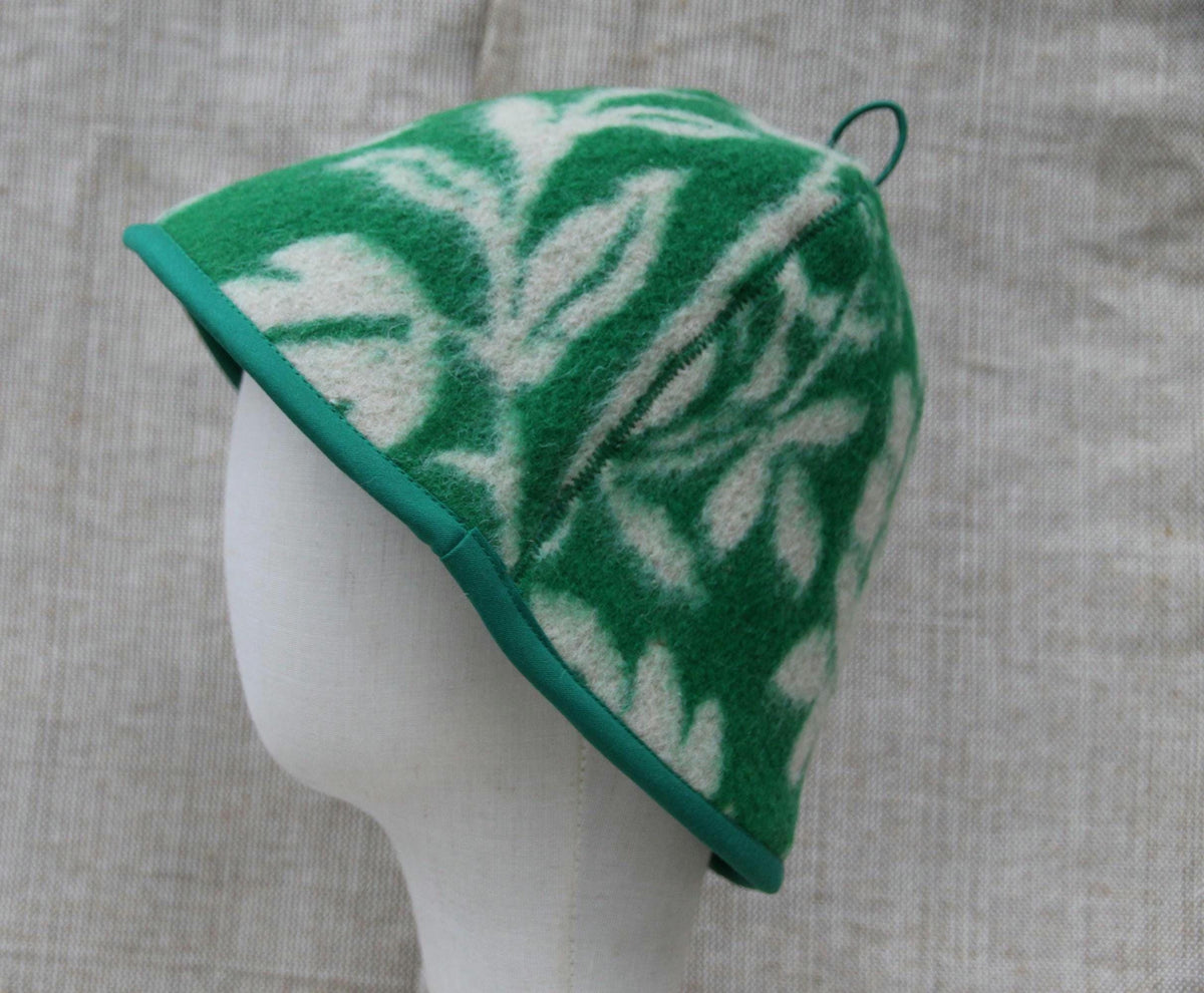 Upcycled Wool Sauna Hat, Green Floral Banya Cap, Eco-Friendly Head Protection