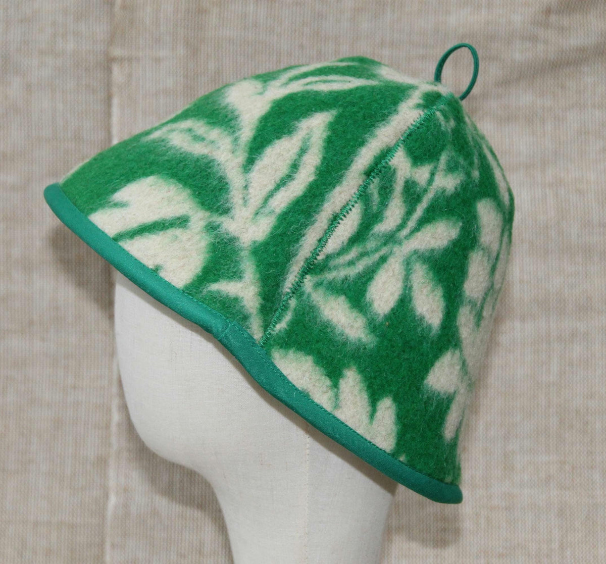 Upcycled Wool Sauna Hat, Green Floral Banya Cap, Eco-Friendly Head Protection