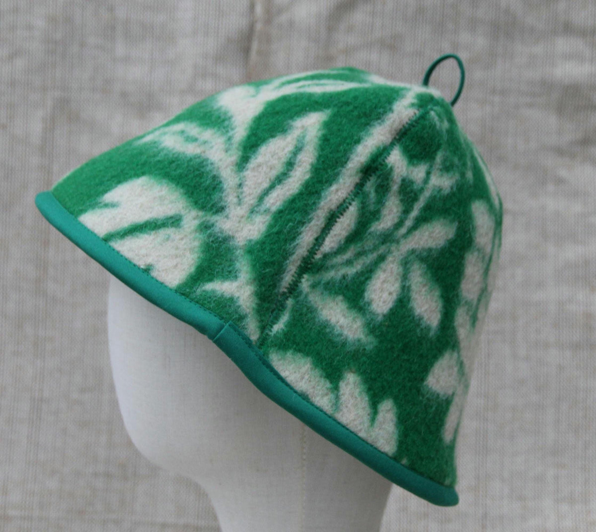 Upcycled Wool Sauna Hat, Green Floral Banya Cap, Eco-Friendly Head Protection