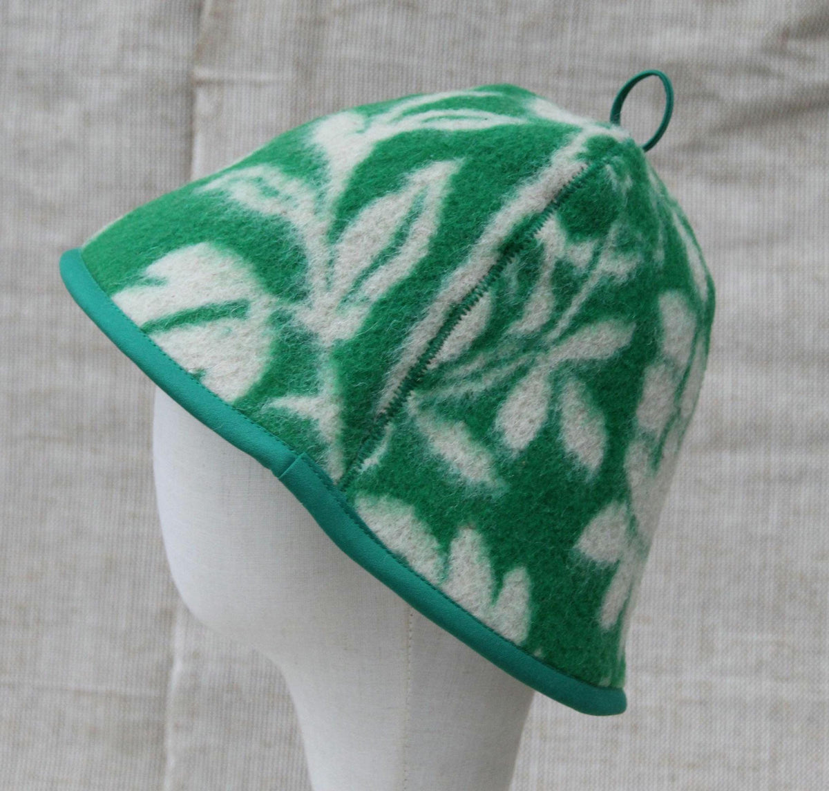 Upcycled Wool Sauna Hat, Green Floral Banya Cap, Eco-Friendly Head Protection