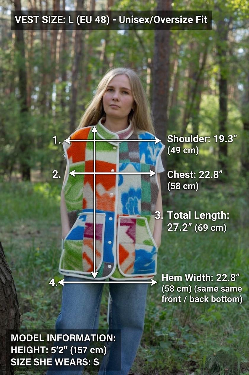 Upcycled Wool Blanket Patchwork Vest, Oversized Quilted Waistcoat with Pockets