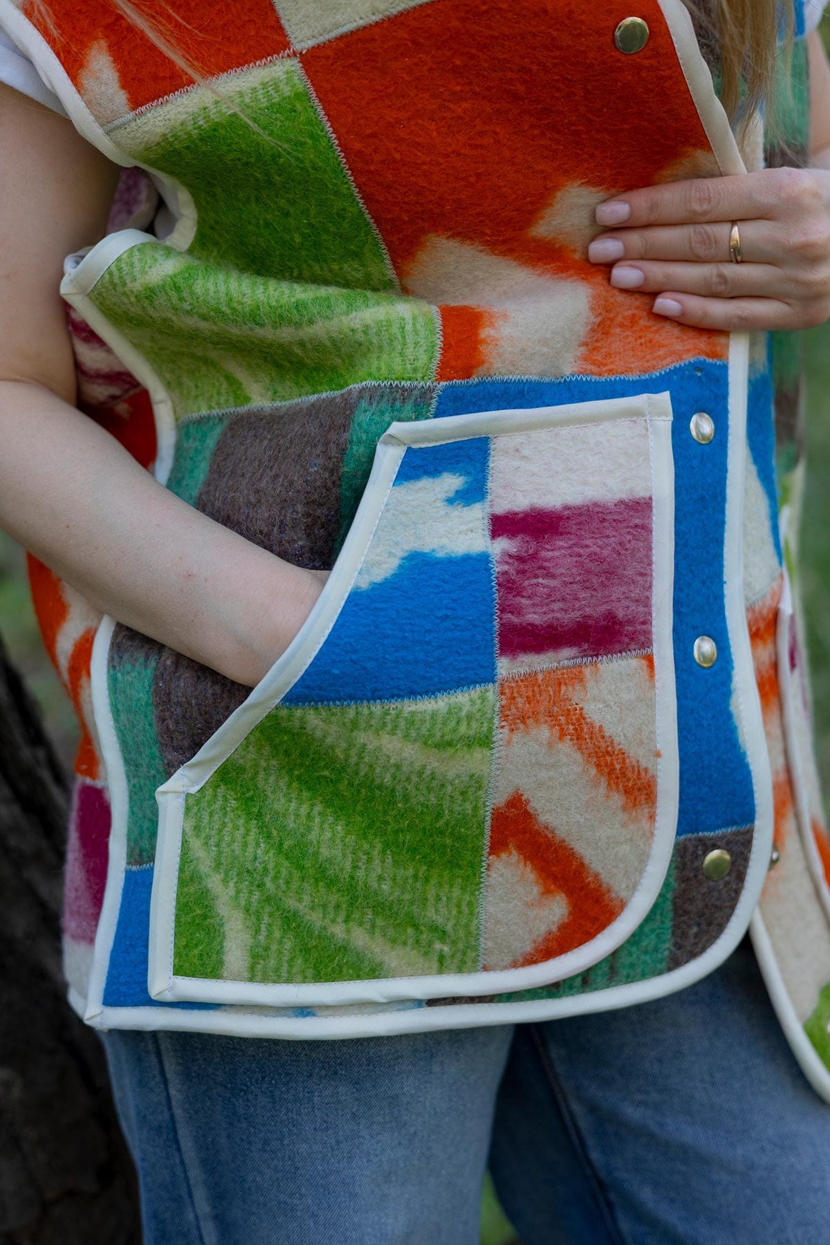 Upcycled Wool Blanket Patchwork Vest, Oversized Quilted Waistcoat with Pockets