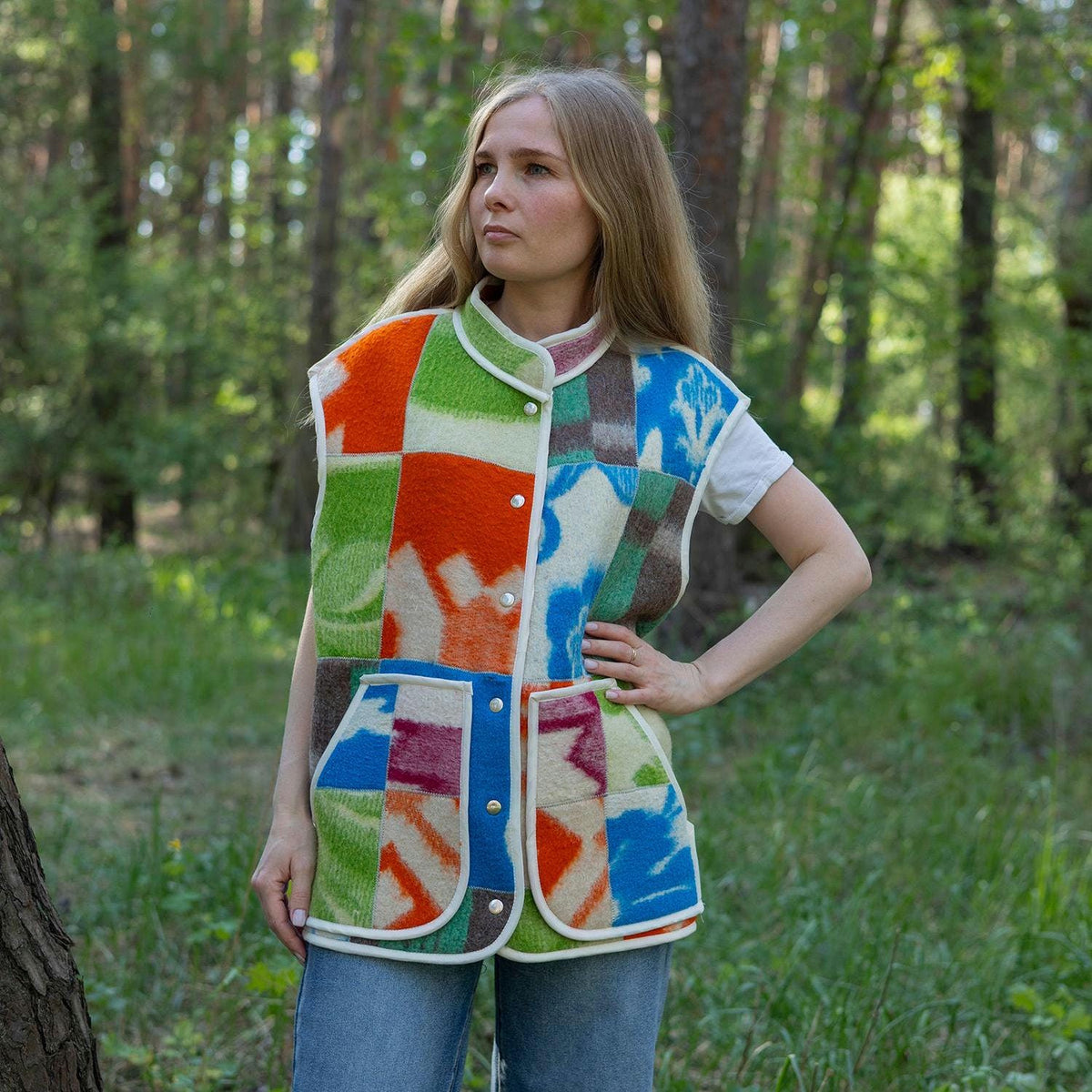 Upcycled Wool Blanket Patchwork Vest, Oversized Quilted Waistcoat with Pockets