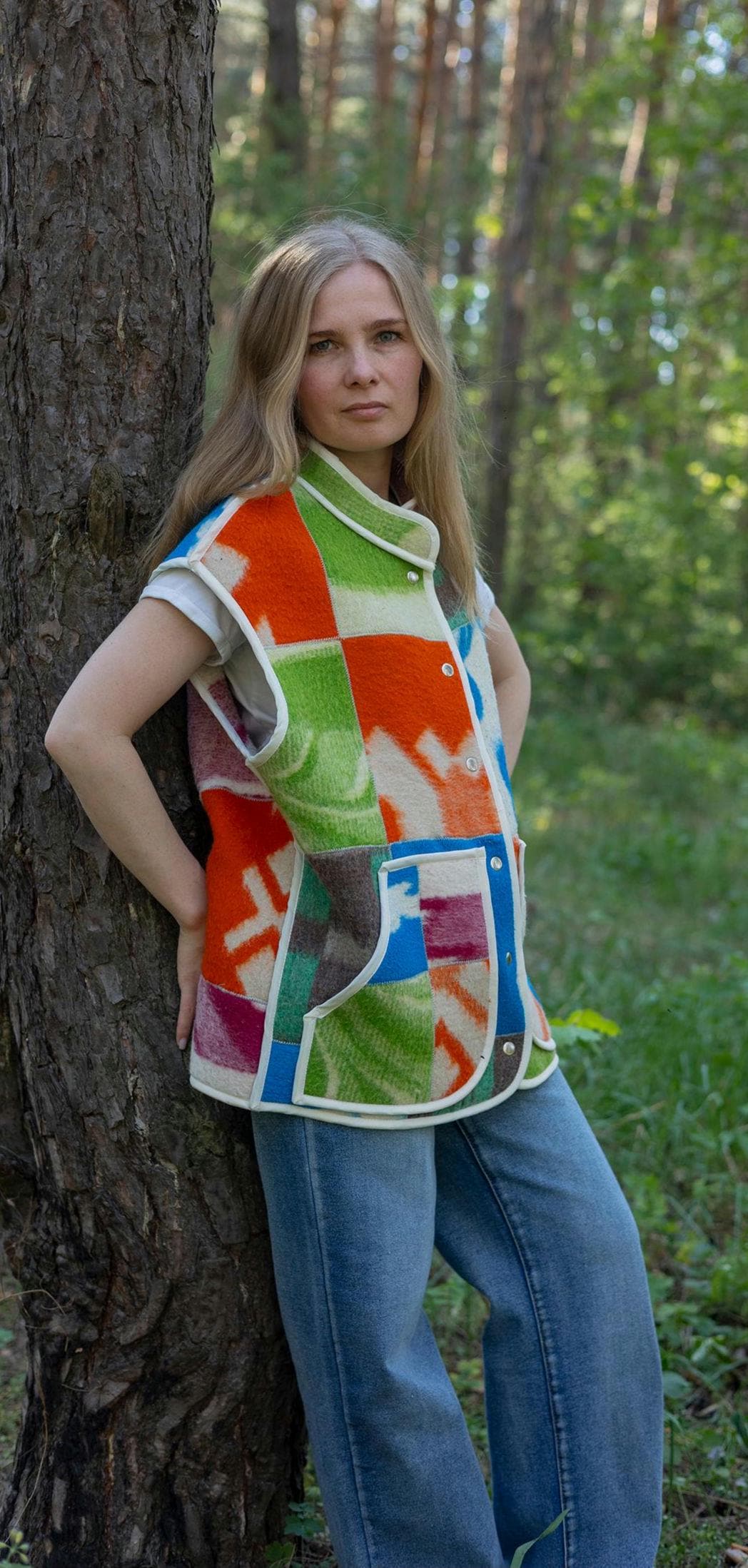 Upcycled Wool Blanket Patchwork Vest, Oversized Quilted Waistcoat with Pockets