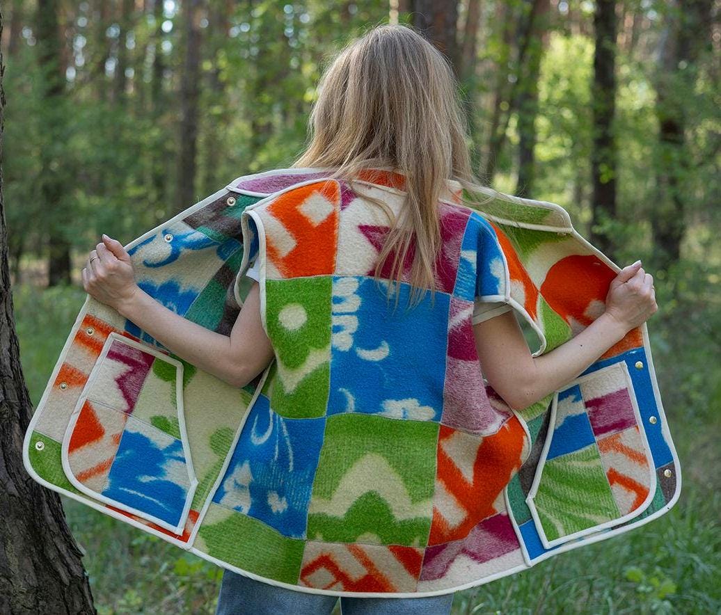 Upcycled Wool Blanket Patchwork Vest, Oversized Quilted Waistcoat with Pockets