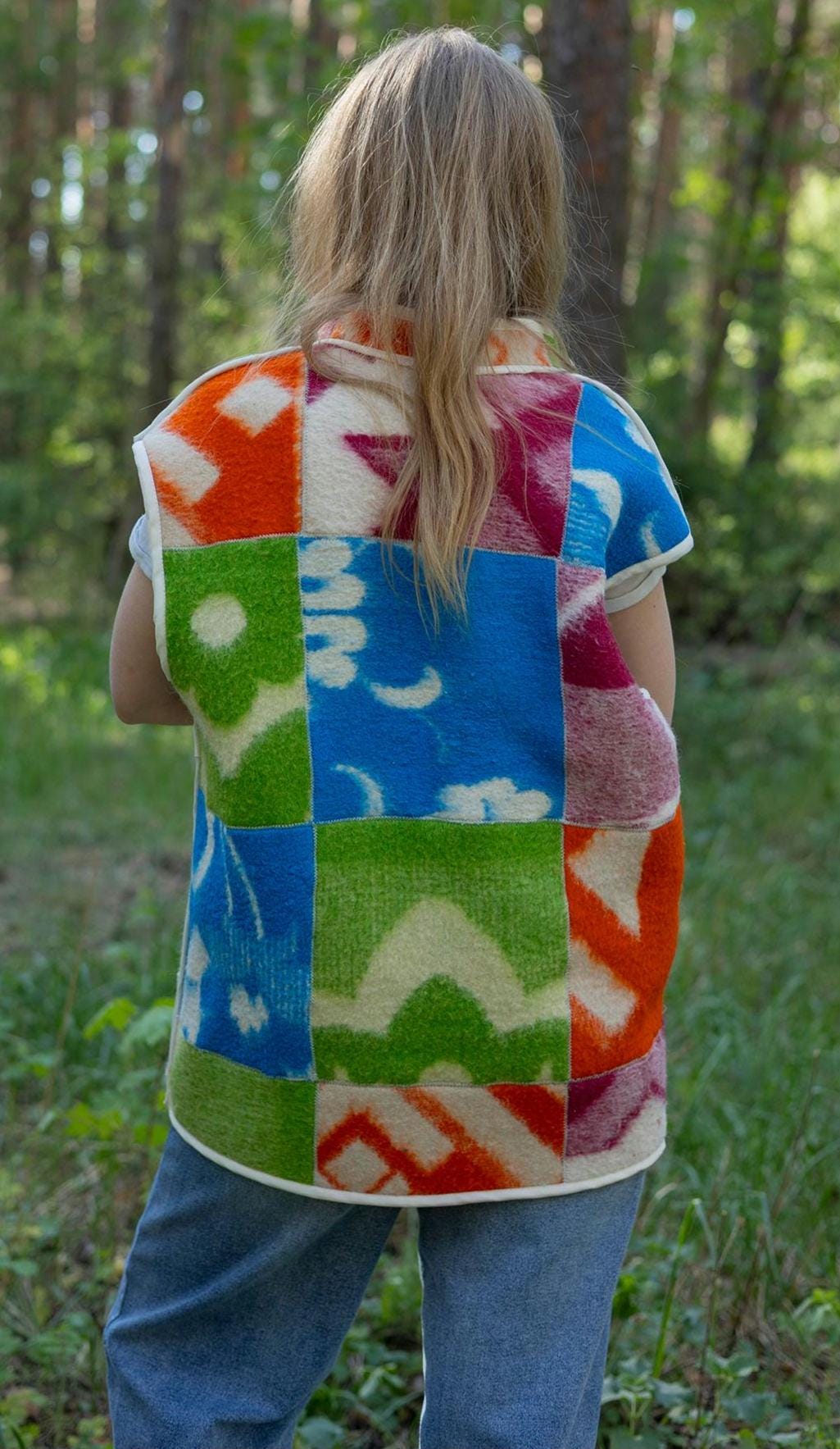Upcycled Wool Blanket Patchwork Vest, Oversized Quilted Waistcoat with Pockets