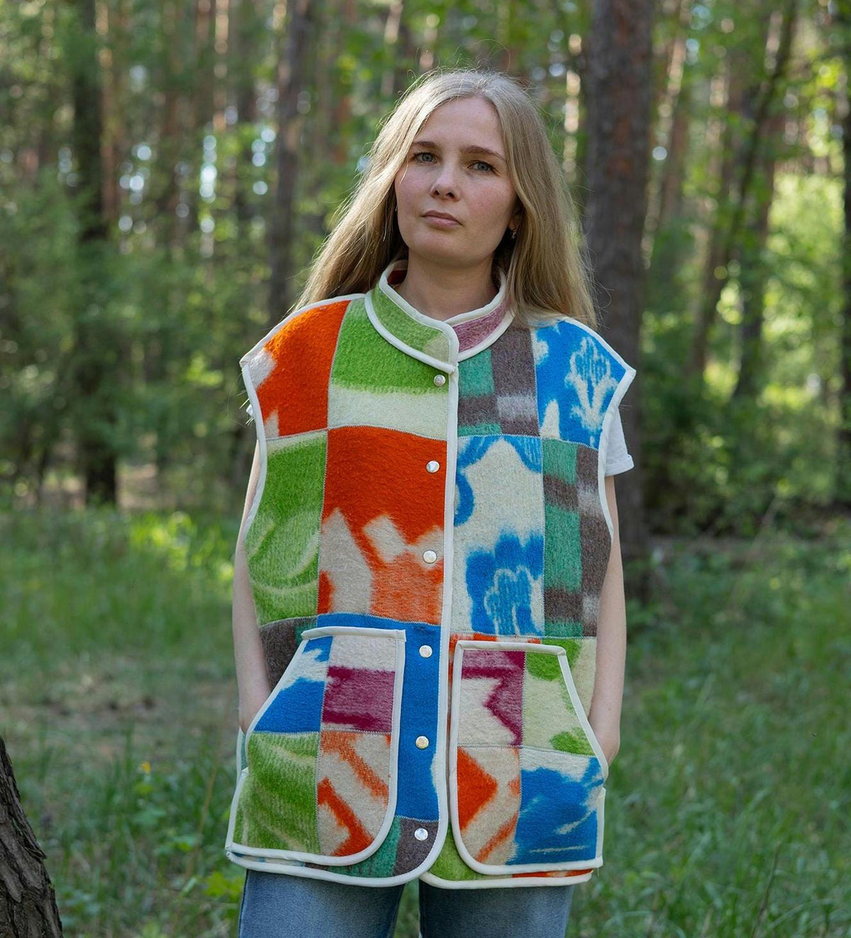 Upcycled Wool Blanket Patchwork Vest, Oversized Quilted Waistcoat with Pockets