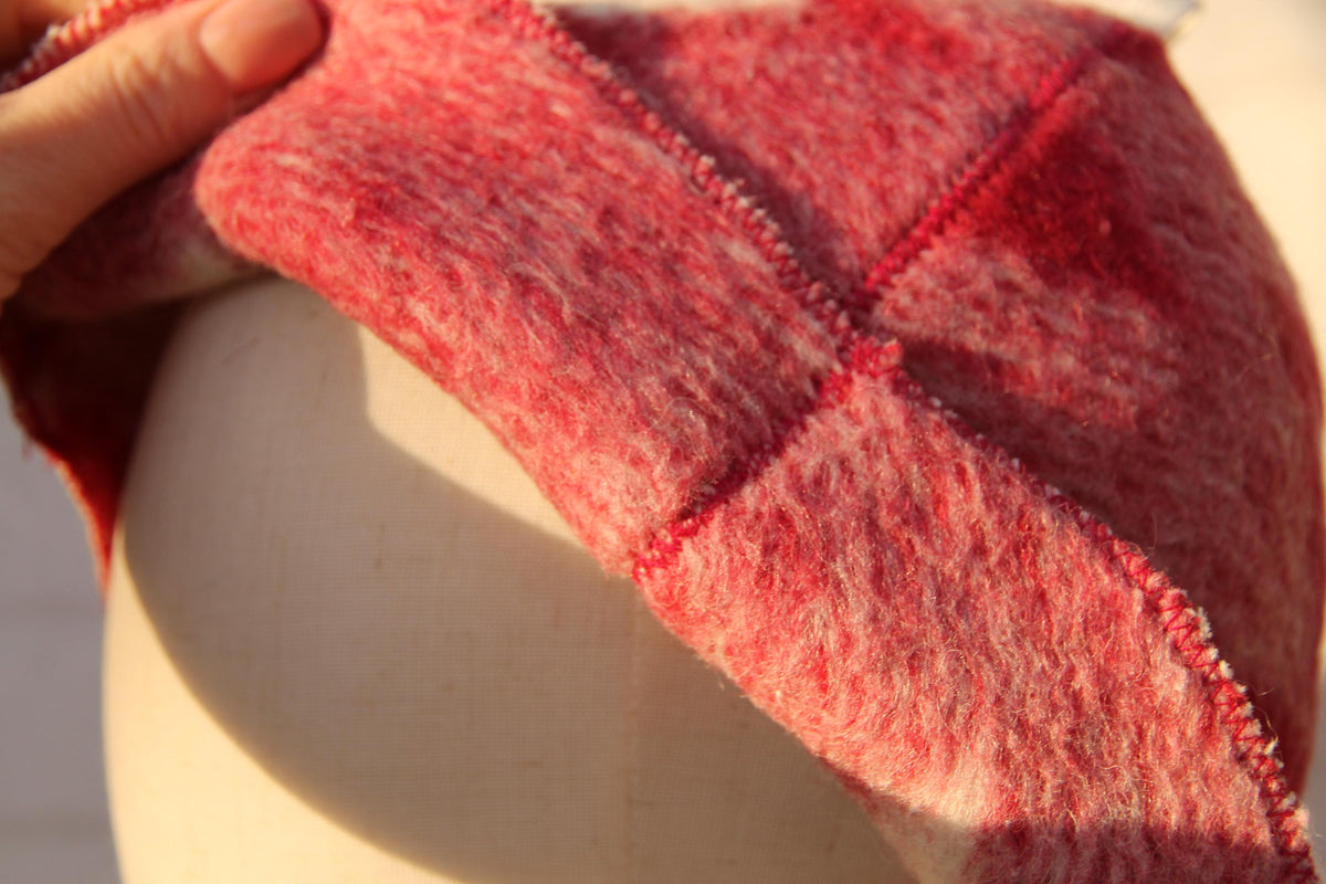 Handcrafted Wool Sauna Hat - Reclaimed Blanket Felt - Red & White Geometric Pattern