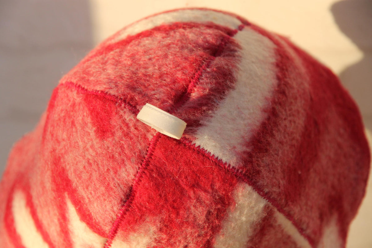 Handcrafted Wool Sauna Hat - Reclaimed Blanket Felt - Red & White Geometric Pattern