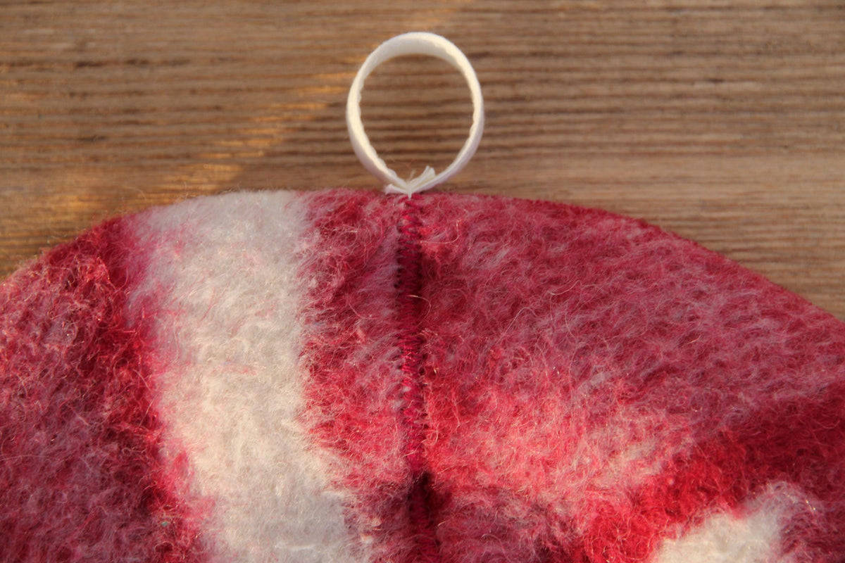 Handcrafted Wool Sauna Hat - Reclaimed Blanket Felt - Red & White Geometric Pattern