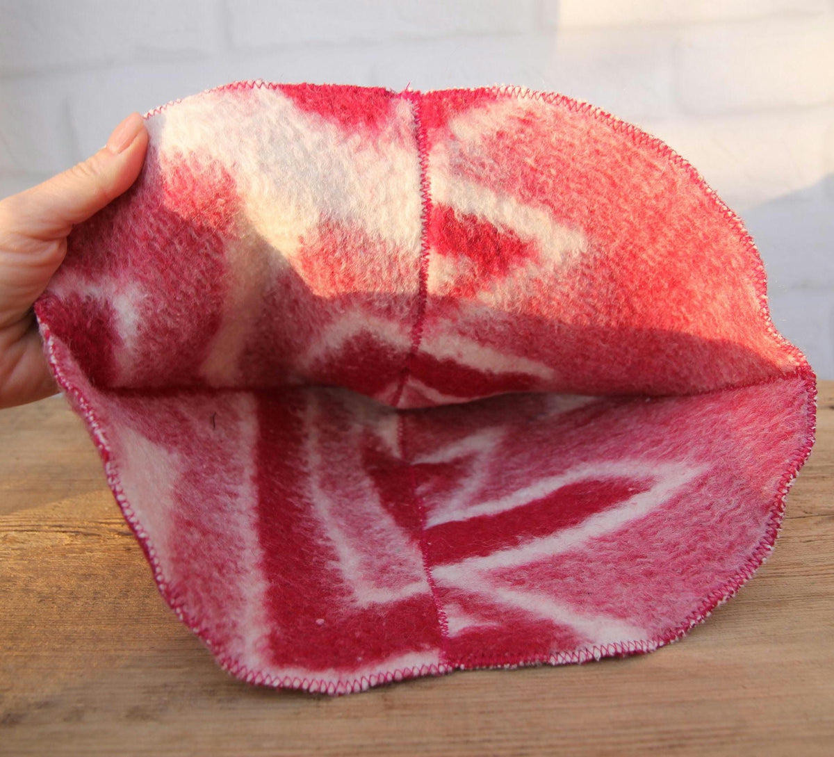 Handcrafted Wool Sauna Hat - Reclaimed Blanket Felt - Red & White Geometric Pattern