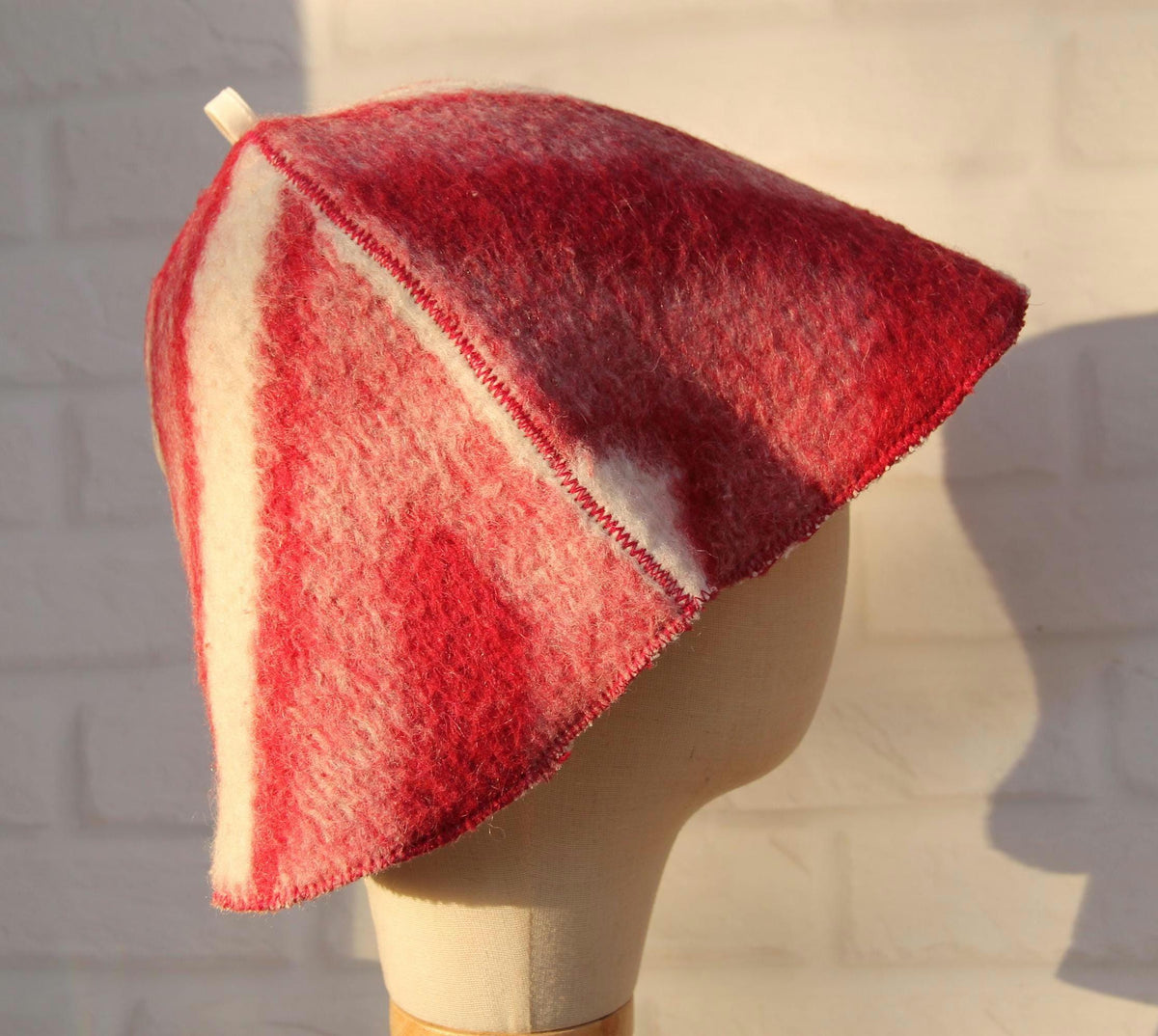 Handcrafted Wool Sauna Hat - Reclaimed Blanket Felt - Red & White Geometric Pattern