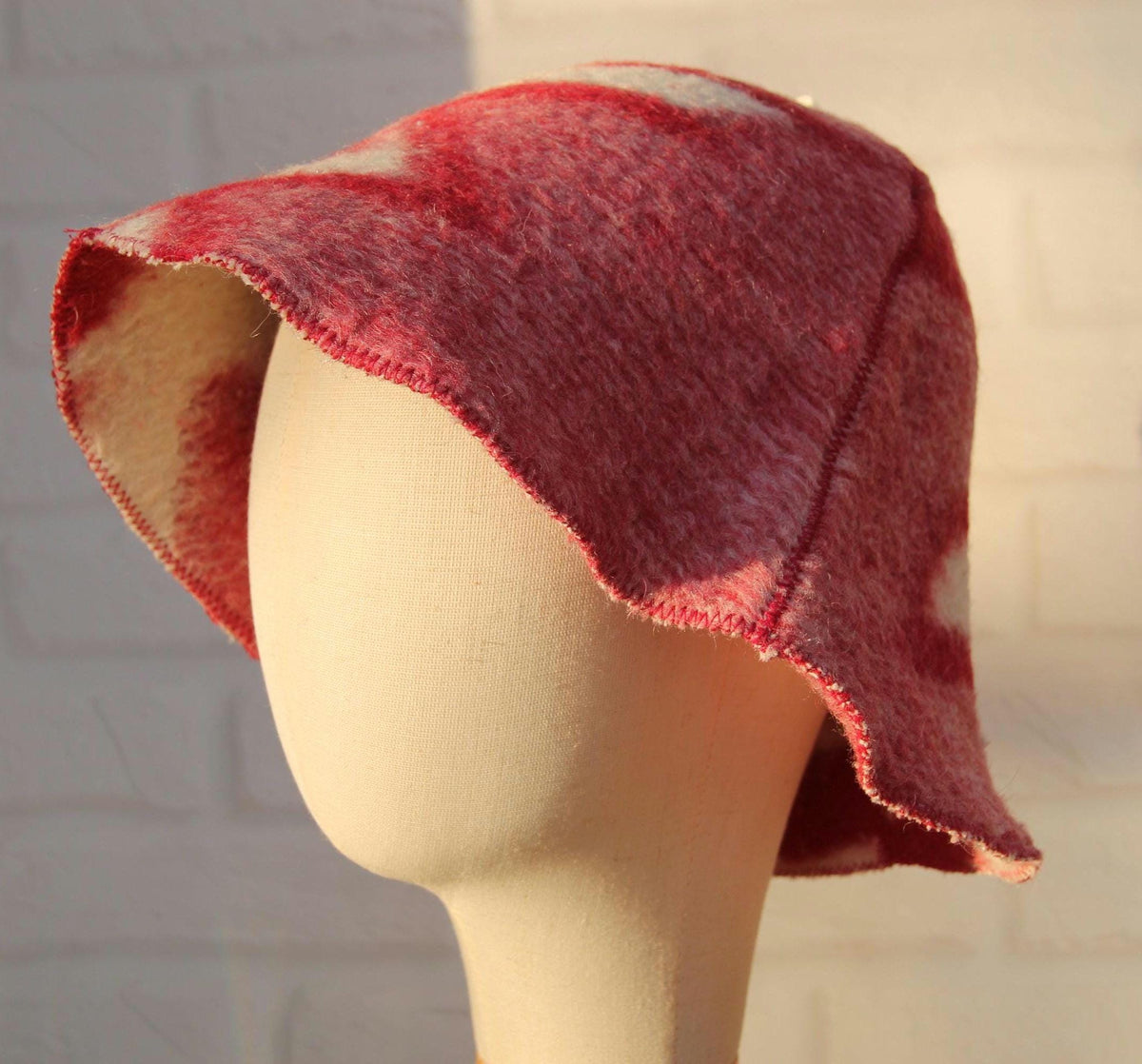 Handcrafted Wool Sauna Hat - Reclaimed Blanket Felt - Red & White Geometric Pattern