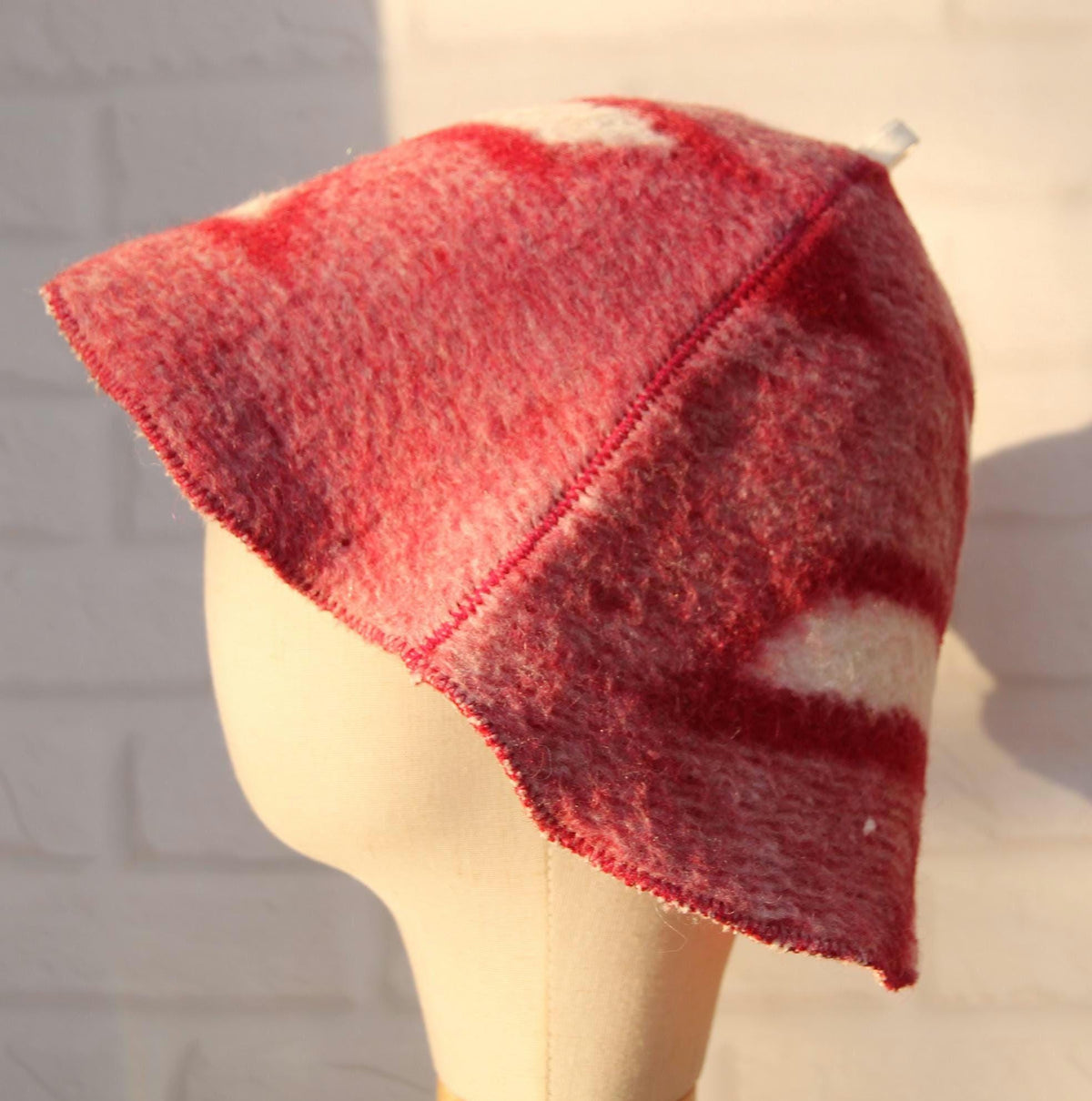 Handcrafted Wool Sauna Hat - Reclaimed Blanket Felt - Red & White Geometric Pattern