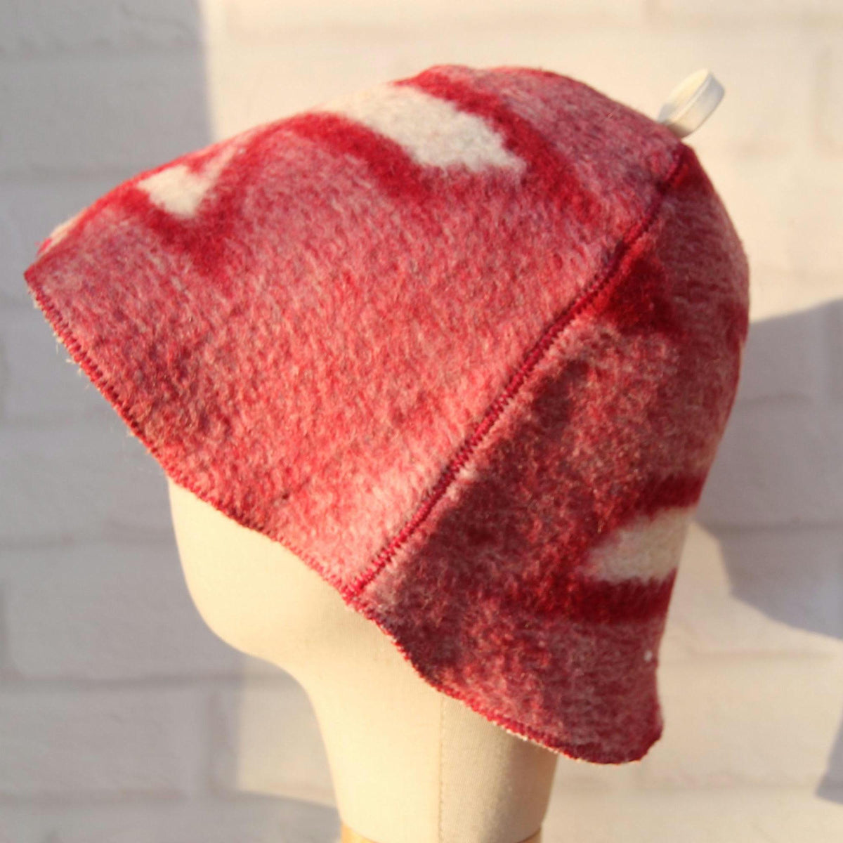 Handcrafted Wool Sauna Hat - Reclaimed Blanket Felt - Red & White Geometric Pattern