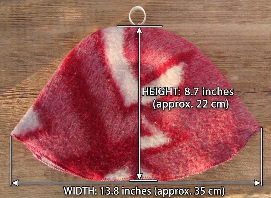 Handcrafted Wool Sauna Hat - Reclaimed Blanket Felt - Red & White Geometric Pattern