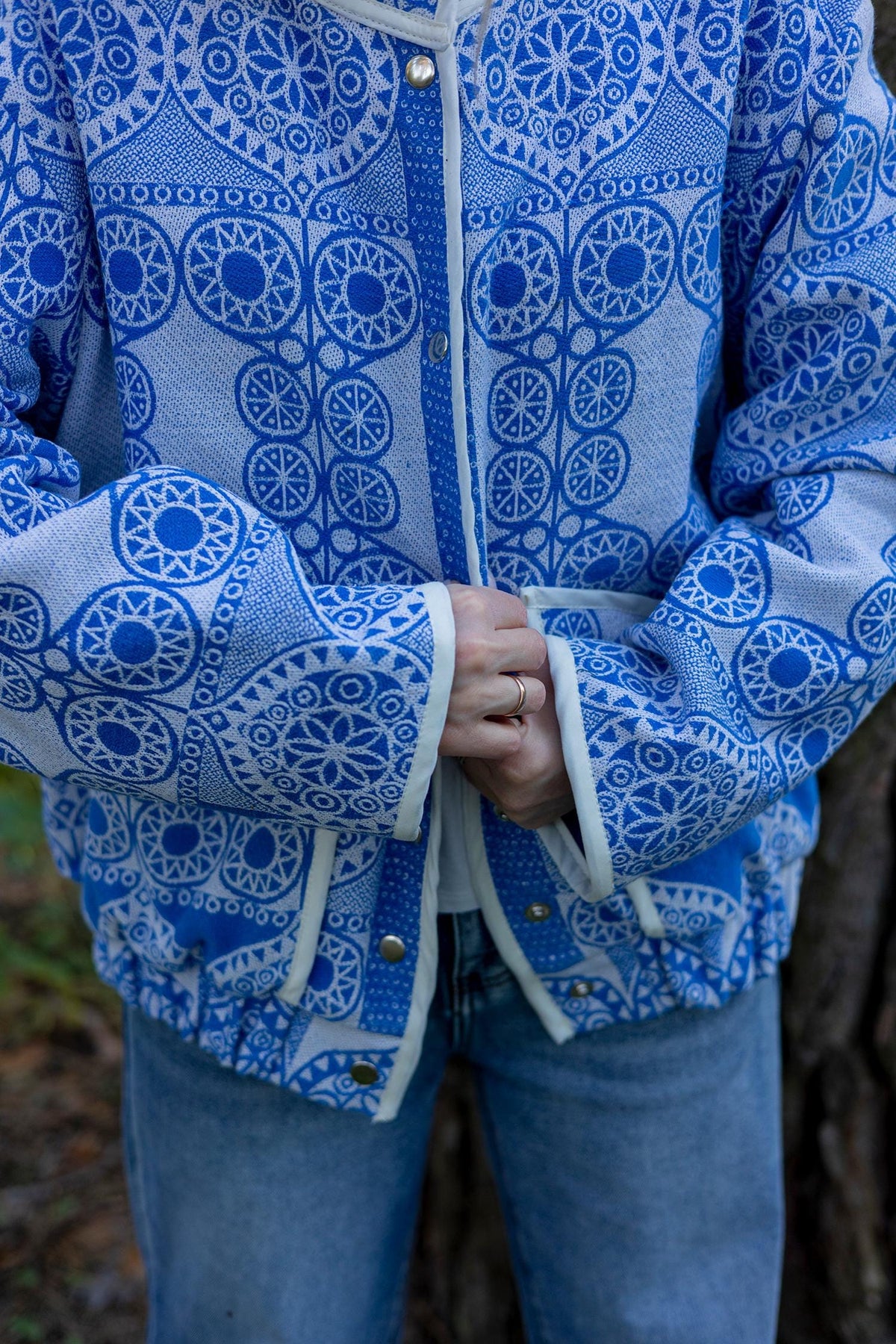 Vintage Cotton Coverlet Jacket, Boho Quilted Bomber, Upcycled Heritage Blue White (M-L)