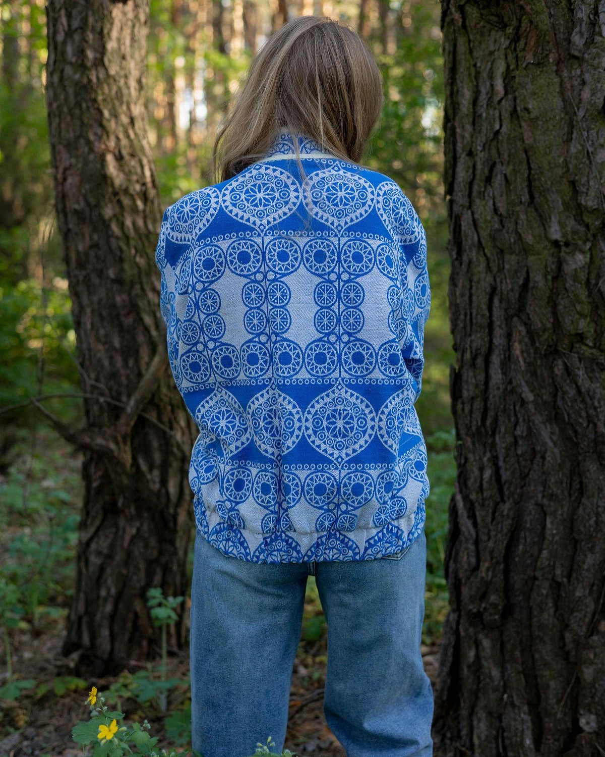 Vintage Cotton Coverlet Jacket, Boho Quilted Bomber, Upcycled Heritage Blue White (M-L)