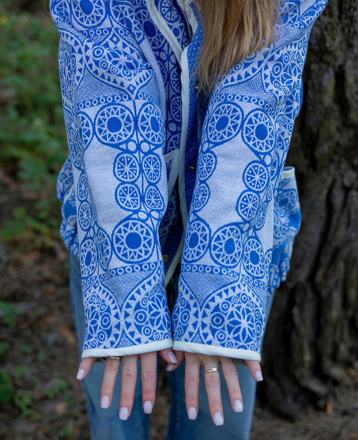 Vintage Cotton Coverlet Jacket, Boho Quilted Bomber, Upcycled Heritage Blue White (M-L)