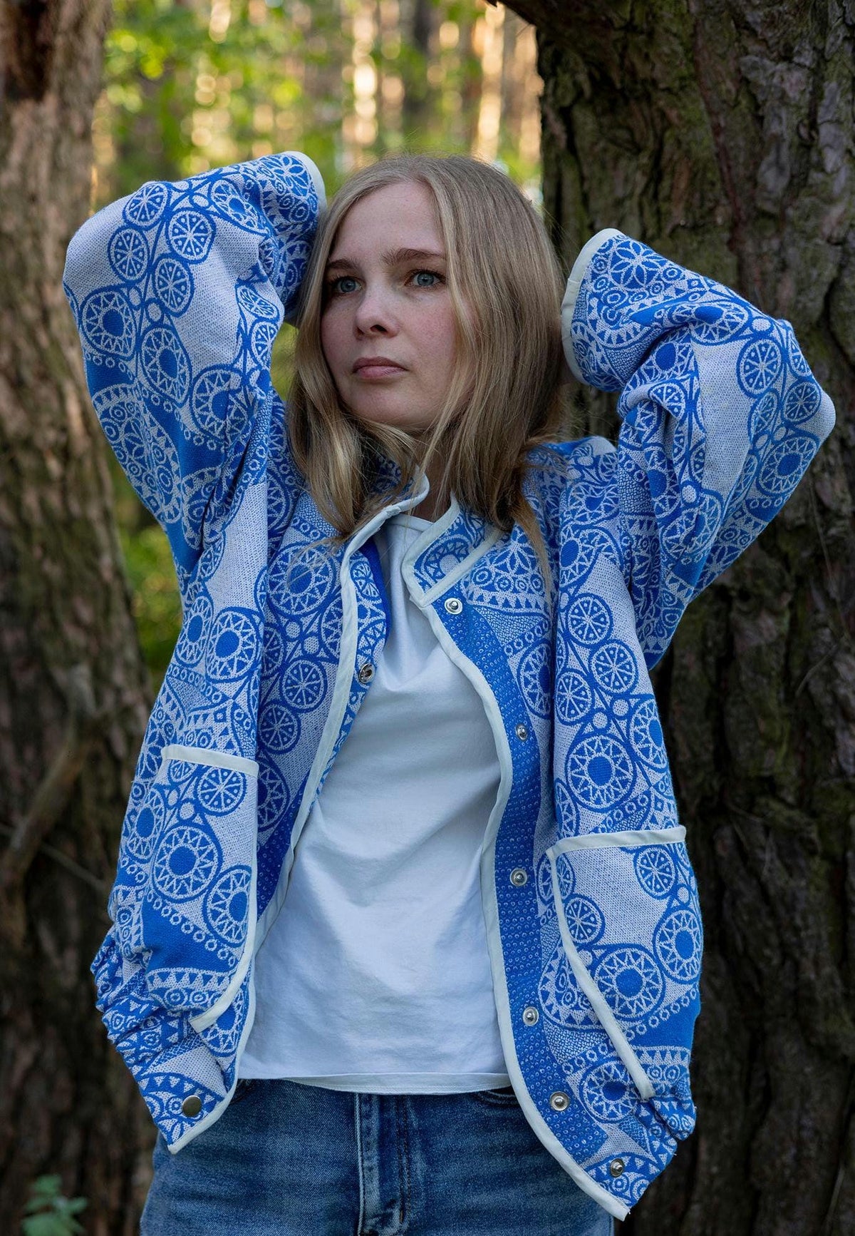 Vintage Cotton Coverlet Jacket, Boho Quilted Bomber, Upcycled Heritage Blue White (M-L)