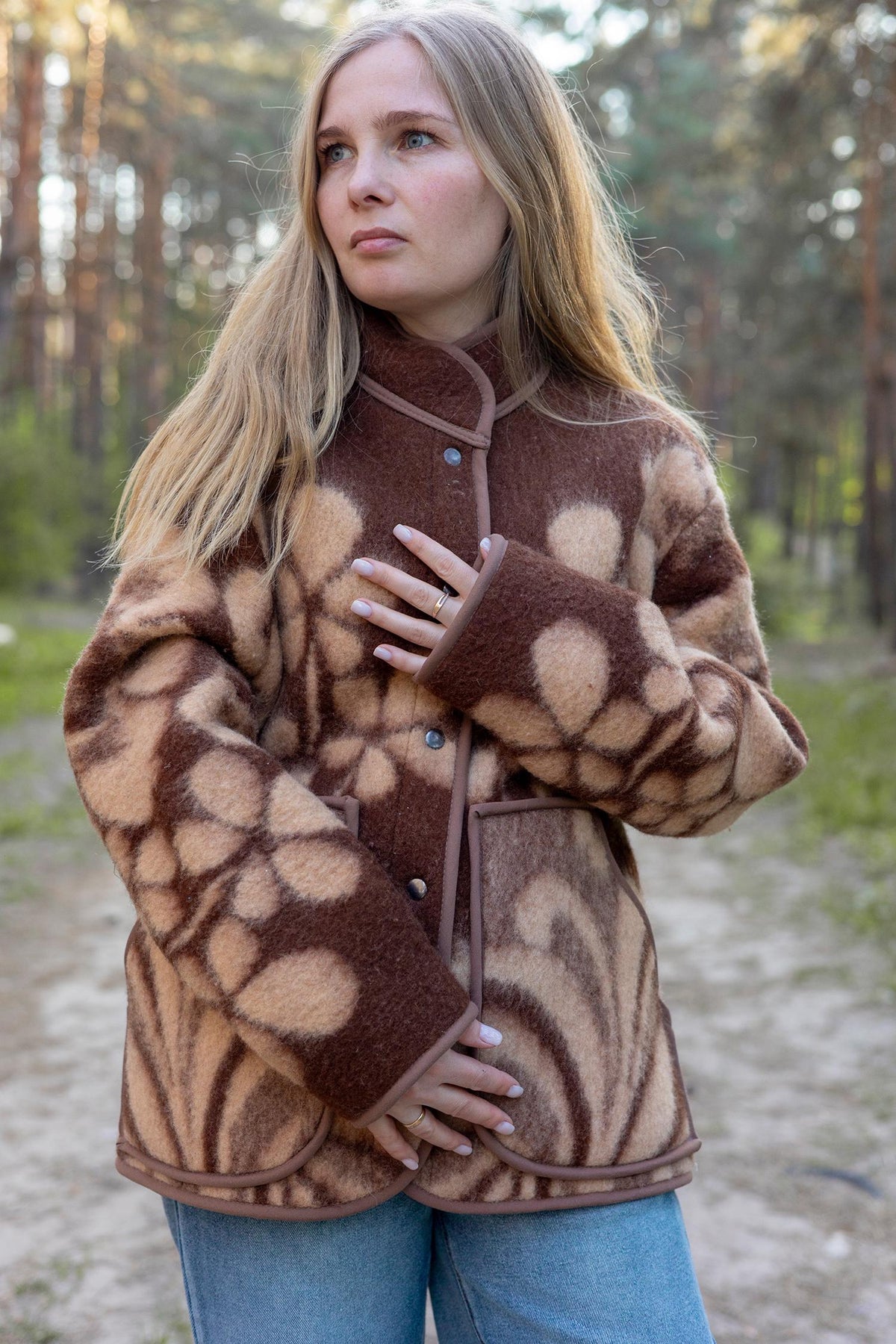 Upcycled Vintage Wool Blanket Jacket, Floral Botanical Cottagecore Outerwear (Size M)