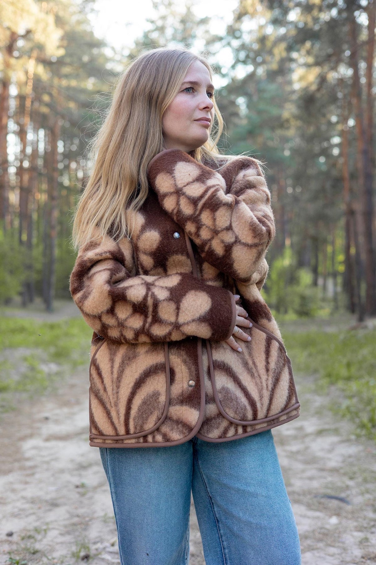 Upcycled Vintage Wool Blanket Jacket, Floral Botanical Cottagecore Outerwear (Size M)